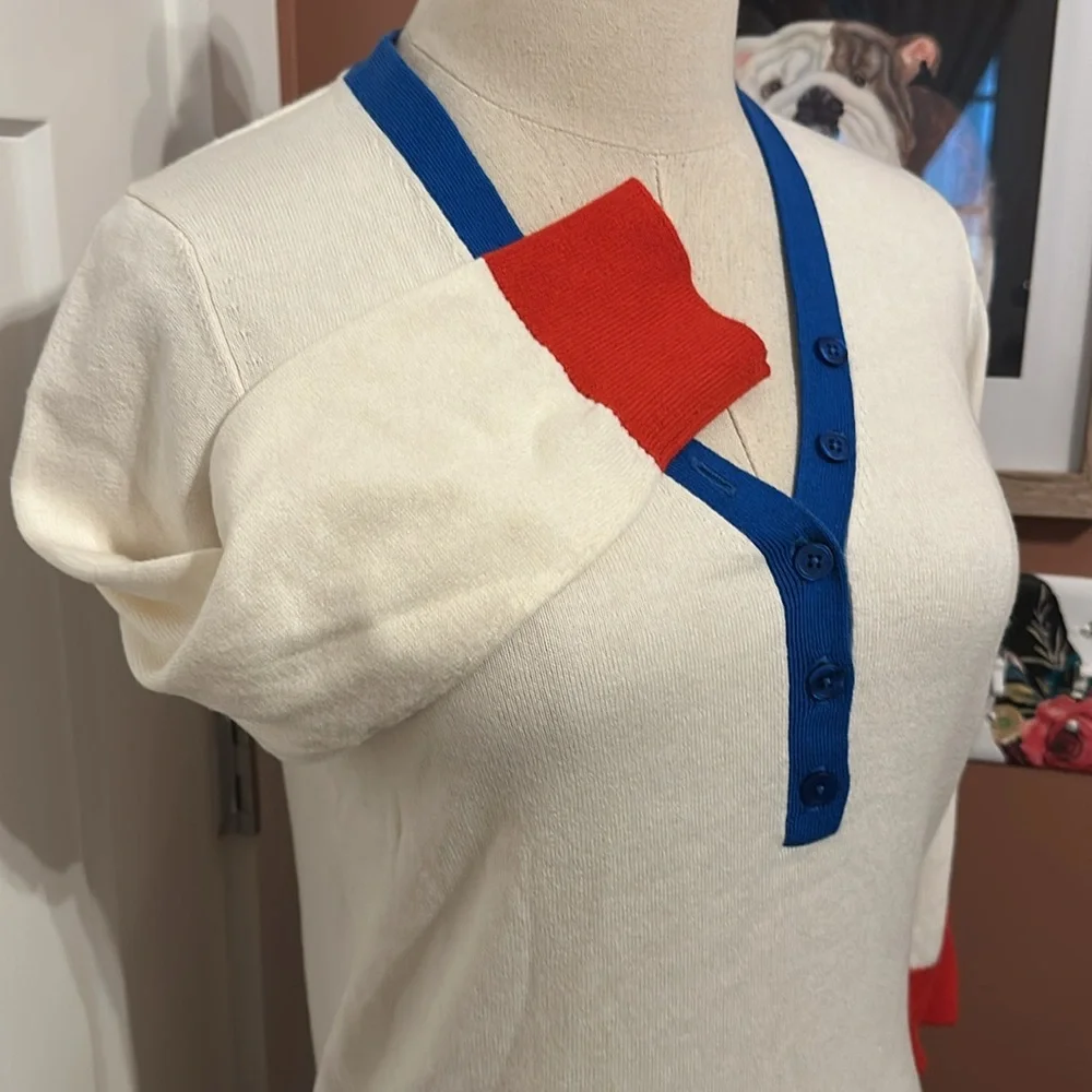 Boden winter white red blue 3/4 sleeves cotton wool fitted deep vneck 2 sweater - Picture 6 of 15